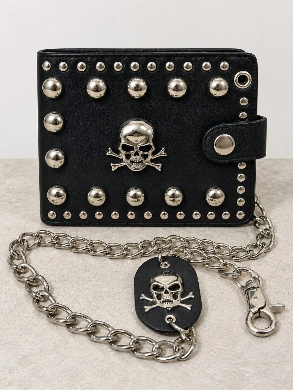 Black Skull Studded Chain Wallet Punk Goth Biker Y2K Alternative -O